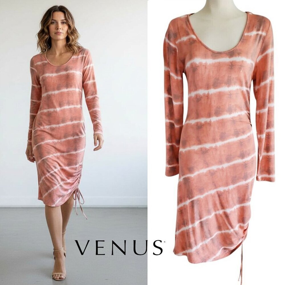Soft Stretchy T-shirt Dress Ruched Side Midi BodyCon Peach Tie Dye Long Sleeve S
